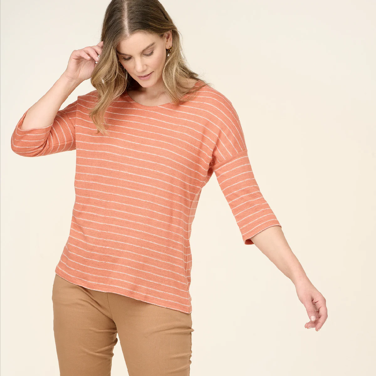 Yarn Dye Stripe Linen 3/4 Sleeve Top - Image 3